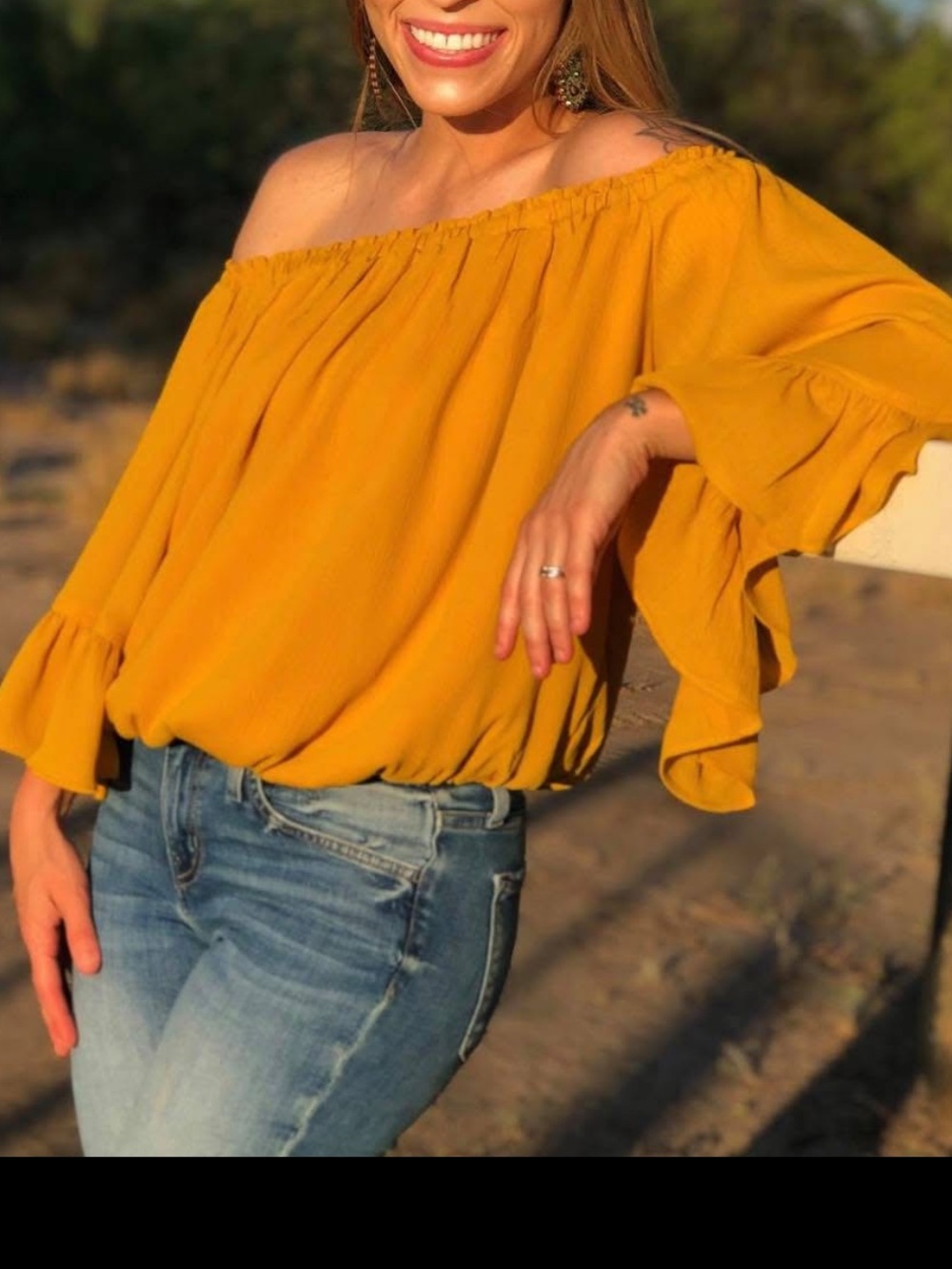 eesome Mustard Yellow Off-Shoulder Ruffle Crop Top